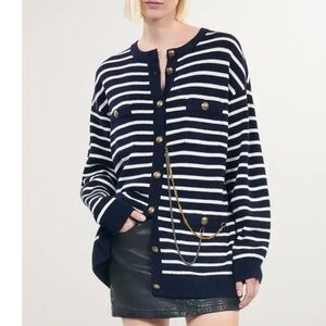 THE KOOPLES French Luxury NWT Navy & Cream Striped Wool Cardigan w/ Chain Detail